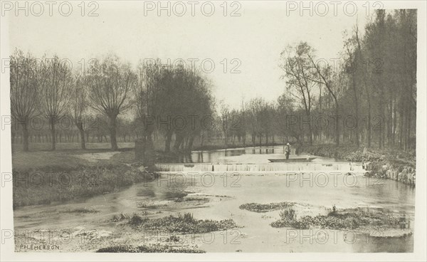 The Shoot, Amwell Magna Fishery, 1880s, Peter Henry Emerson, English, born Cuba, 1856–1936, England, Photogravure, plate VI from the album "The Compleat Angler or the Contemplative Man's Recreation, Volume I" (1888), edition 109/250, 11.9 × 19.7 cm (image), 14.7 × 22.2 cm (paper), 24.7 × 31.8 cm (album page)