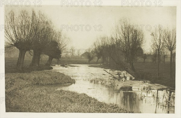 A Backwater on the Lea, 1880s, Peter Henry Emerson, English, born Cuba, 1856–1936, England, Photogravure, plate VII from the album "The Compleat Angler or the Contemplative Man's Recreation, Volume I" (1888), edition 109/250, 12.6 × 20 cm (image), 15.5 × 22.3 cm (paper), 24.6 × 32.1 cm (album page)