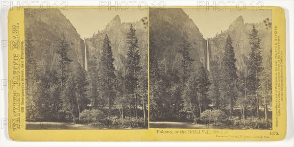 Pohono, or the Bridal Veil, 900 feet, Yosemite Valley, Mariposa County, Cal., 1867, Carleton Watkins, American, 1829–1916, United States, Albumen print, stereo, No. 1075 from the series "Watkins' Pacific Coast