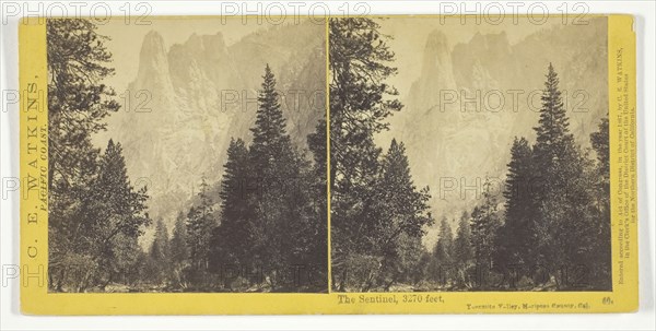 The Sentinel, 3270 feet, Yosemite Valley, Mariposa County, Cal., 1867, Carleton Watkins, American, 1829–1916, United States, Albumen print, stereo, from the series "Watkins' Pacific Coast