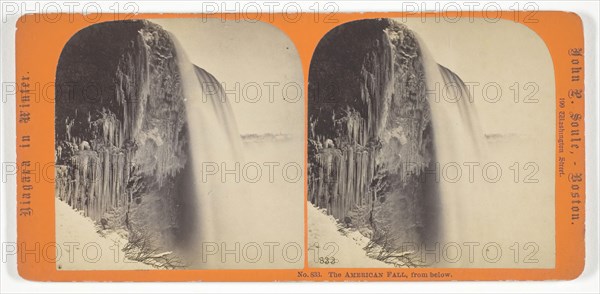 The American Fall, from below, 1861/88, John P. Soule, American, 1828–1904, United States, Albumen print, stereo, No. 833 from the series "Niagara in Winter