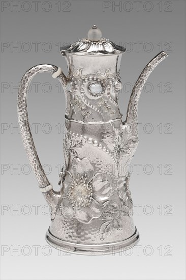 Coffee Pot, 1881/89, Design attributed to Charles Osborne, American, 1847–1920, Tiffany and Company, American, founded 1837, New York, New York City, Silver, pearls, chalcedony, and ivory, 19.1 × 7.6 × 12.7 cm (7 1/2 × 3 1/8 × 5 1/8 in.), 372.5 g