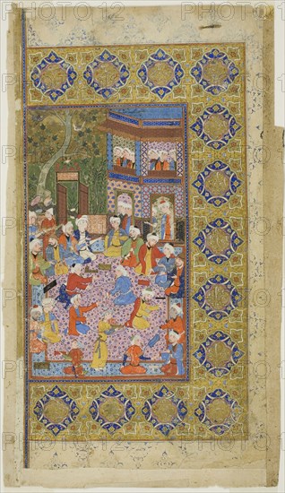 Courtyard of a Palace, Safavid dynasty (1501–1722), 16th century, Iran, Iran, Opaque watercolor and ink on paper, Image: 22.9 x 13.1 cm (9 x 5 3/8 in.), Paper: 26.8 x 14.2 cm (10 9/16 x 5 5/8 in.)