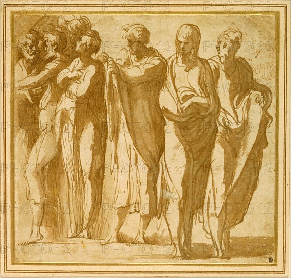 Group of Nine Standing Figures, 1524/27, Francesco Mazzola, called Parmigianino, Italian, 1503-1540, Italy, Pen and brown ink and brush and brown wash, on tan laid paper, laid down on tan laid card, 124 x 131 mm