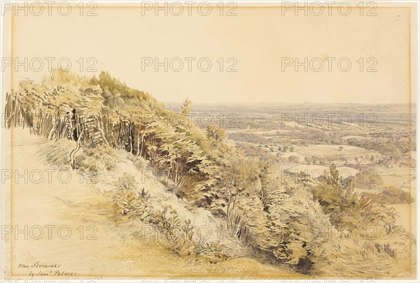 View from Wilmots Hill, Kent, 1830/1835, Samuel Palmer, English, 1805-1881, England, Watercolor over black chalk on cream wove paper, 246 × 365 mm