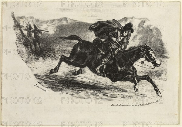 The Smuggler’s Flight, 1826, Eugène Delacroix, French, 1798-1863, France, Lithograph in black on white laid paper, 102 × 157 mm (image), 123 × 176 mm (sheet)
