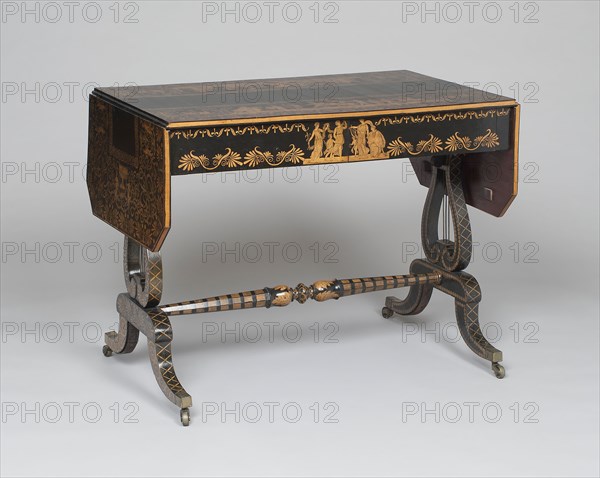 Sofa Table, c. 1810, England, Mahogany, holly, ebonized holly, and penwork, 72.1 × 90.2 cm (28 3/8 × 35 1/2 in.)
