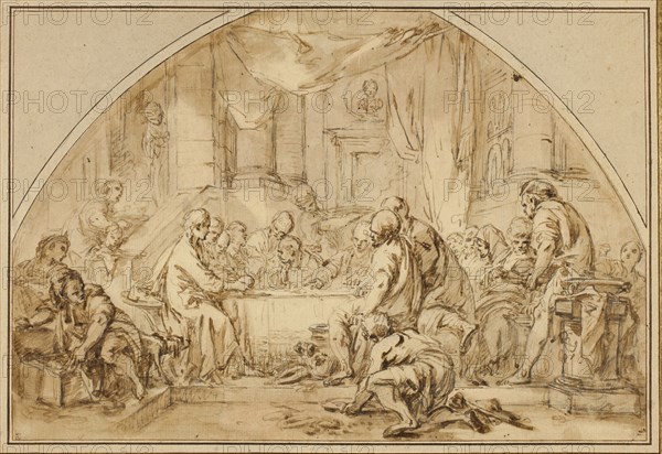 Study for The Last Supper, c. 1792, Jean Baptiste Huet (French, 1745-1811), after François Boucher (French, 1703-1770), France, Pen and brown ink and brush and brown wash, with touches of pen and black ink, graphite, and traces of red chalk and brush and red chalk wash, on lunette-shaped tan laid paper, laid down on tan wove card, 219 × 323 mm