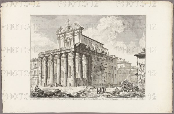 View of the Temple of Antoninus and Faustina in the Roman Forum, from Views of Rome, 1750/59, Giovanni Battista Piranesi, Italian, 1720-1778, Italy, Etching on heavy ivory laid paper, 393 x 544 mm (image), 408 x 550 mm (plate), 532 x 815 mm (sheet)