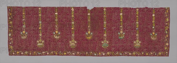 Panel (Showing Symbols of the Four Seasons), 17th century, France, Silk, satin weave self-patterned by reversing of faces, embroidered with silk floss, gold and silver gilt strips wound around silk fiber cores, in cross, running, satin, padded satin and split stitches, French knots, couching and laidwork, 86 × 278.1 cm (33 7/8 × 109 1/2 in.)