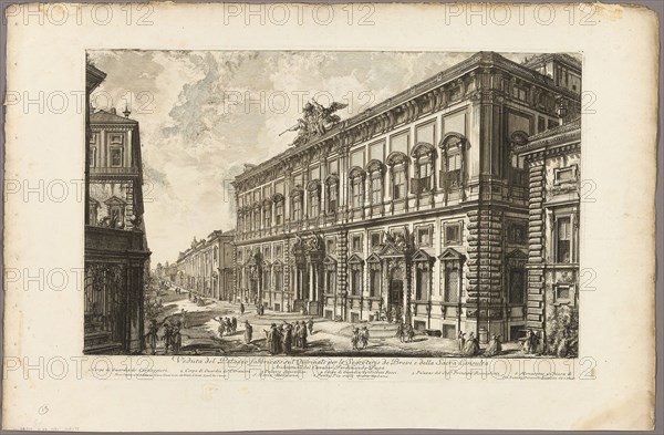 View of the Palazzo della Consulta on the Quirinal housing the Papal Secretariat, from Views of Rome, 1750/59, Giovanni Battista Piranesi, Italian, 1720-1778, Italy, Etching on heavy ivory laid paper, 376 x 610 mm (image), 406 x 617 mm (plate), 528 x 803 mm (sheet)
