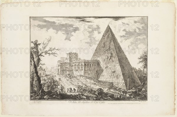 View of the Pyramidal Tomb of Cestius, from Views of Rome, 1750/59, Giovanni Battista Piranesi, Italian, 1720-1778, Italy, Etching on heavy ivory laid paper, 389 x 546 mm (image), 411 x 550 mm (plate), 528 x 810 mm (sheet)