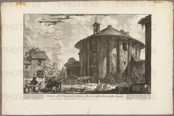 View of the Temple of Cybele in the Piazza of the Bocca della Verità, from Views of Rome, 1750/59, Giovanni Battista Piranesi, Italian, 1720-1778, Italy, Etching on heavy ivory laid paper, 367 x 591 mm (image), 398 x 595 mm (plate), 525 x 800 mm (sheet)