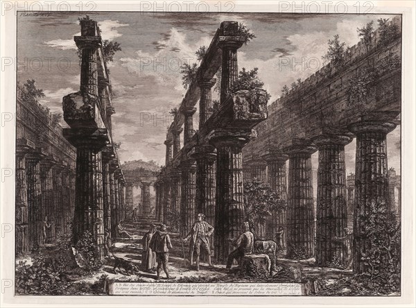 A., B. View of the remains of the two rows of columns in the Temple of Neptune which originally formed the colonnades along the sides of the cella, and supported the uppermost part of the roof, from Different views of Paestum, 1778, Giovanni Battista Piranesi, Italian, 1720-1778, Italy, Etching on ivory laid paper, 498 x 675 mm (image), 503 x 684 mm (plate), 525 x 715 mm (sheet)