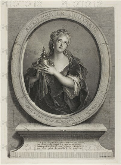 Portrait of Adrienne Le Couvreur, 1730, Pierre-Imbert Drevet (French, 1697-1739), after Charles-Antoine Coypel (French, 1694-1752), France, Engraving on ivory laid paper, 411 × 292 mm (plate), 435 × 321 mm (sheet)