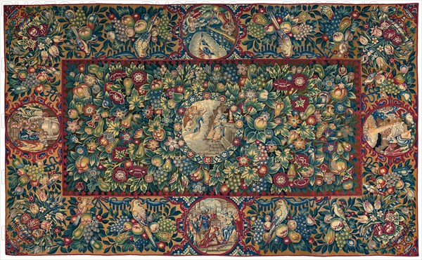 Table Carpet (Depicting Scenes from the Life of Christ), 1600/50, Northern or Southern Netherlands, Netherlands, Linen, wool, and silk, slit and double interlocking tapestry weave, 264.8 x 163.2 cm (104 1/4 x 64 1/4 in.)