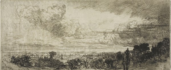 Out of Study Window, 1859, Francis Seymour Haden, English, 1818-1910, England, Etching with drypoint on cream Japanese paper, 108 × 257 mm (image/plate), 250 × 383 mm (sheet)