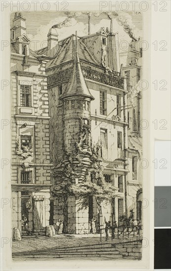 House with a Turret, rue de la Tixéranderie, 1852, Charles Meryon, French, 1821-1868, France, Etching on ivory laid paper, 249 × 133 mm (image), 249 × 133 mm (plate), 264 × 148 mm (sheet)