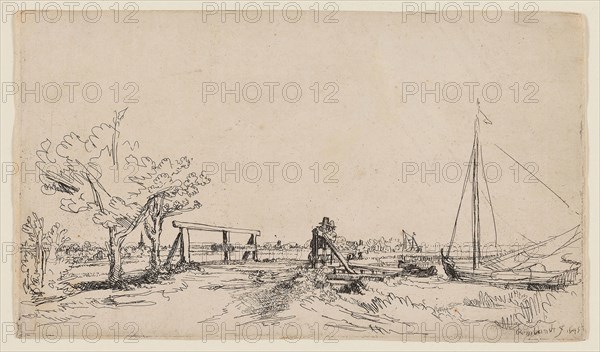 The Bridge at Klein Kostverloren on the Amstel, 1645, Rembrandt van Rijn, Dutch, 1606-1669, Holland, Etching on ivory laid paper, 129 x 224 mm (image/plate), 131 x 227 mm (sheet)