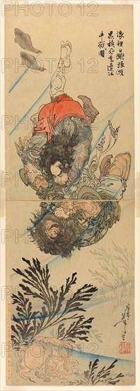 Zhang Shun, the White Splash in the Waves, and Li Kui, the Black Whirlwind, in an Underwater Struggle (Rori Hakucho Chojun and Kokusenpu Riki), September 1887, Tsukioka Yoshitoshi, Japanese, 1839–1892, Japan, Color woodblock prints, oban diptych, Each 25.2 x 37.8 cm