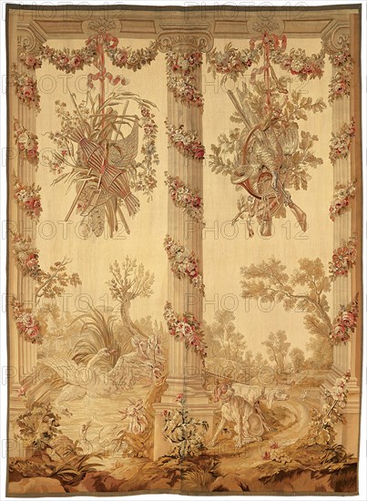 A Panel from a Porticoes Series, 1775/1800, After designs by Jean-Baptiste Oudry (1686–1755) and/or Jean-Baptiste Huet (1745–1811), or artists in their circle, Woven at an unknown workshop at the Manufacture Royale du Beauvais or the Manufacture Royale d’Aubusson, France, Beauvais or Aubusson, France, Wool and silk, slit and double interlocking tapestry weave, 217.8 × 295.2 cm (85 3/4 × 116 1/4 in.)