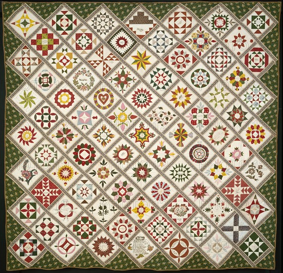 Friendship Quilt, 1842, Made for Ella Maria Deacon (American, 1811–1894), United States, New Jersey, Mount Holly, New Jersey, Appliquéd and pieced quilt, dyed and printed plain weave cotton fabrics, ink inscriptions, 264.7 x 272.6 cm (104 1/8 x 107 3/8 in.)