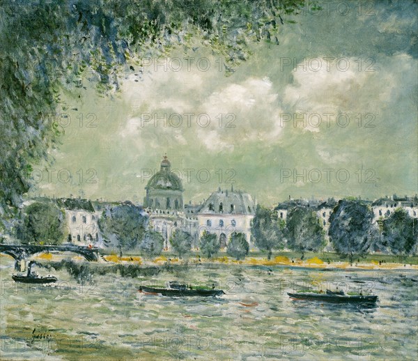 Landscape along the Seine with the Institut de France and the Pont des Arts, c. 1875, Alfred Sisley, French, 1839-1899, France, Oil on canvas, 21 × 24 1/2 in. (53.3 × 62.2 cm)