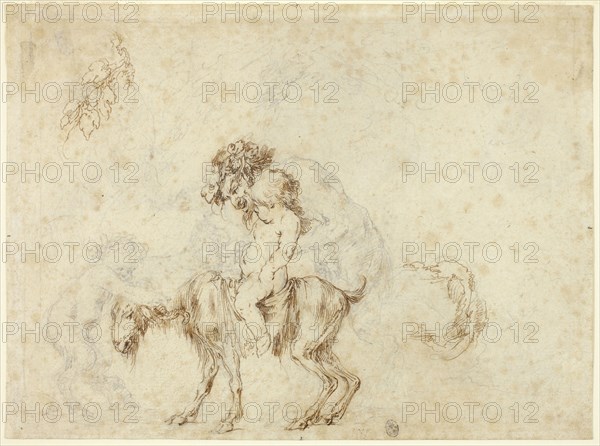 Study for Satyr Family Walking (recto), Sketches of Five Decorative Vessels (verso), c. 1657, Stefano della Bella, Italian, 1610-1664, Italy, Pen and brown ink and graphite  (recto and verso) on ivory laid paper, 135 x 183 mm