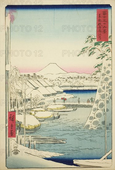 The Riverbank at Sukiya in the Eastern Capital (Toto Sukiyagashi), from the series Thirty-six Views of Mount Fuji (Fuji sanjurokkei), 1858, Utagawa Hiroshige ?? ??, Japanese, 1797-1858, Japan, Color woodblock print, oban