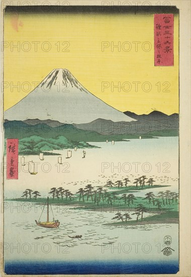 Pine Beach at Miho in Suruga Province (Suruga Miho no matsubara), from the series Thirty-six Views of Mount Fuji (Fuji sanjurokkei), 1858, Utagawa Hiroshige ?? ??, Japanese, 1797-1858, Japan, Color woodblock print, oban