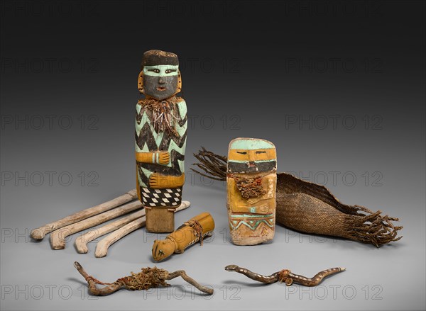 Ritual Cache, 1300/1400, Salado branch of the Mogollon, Southeastern Arizona, United States, Arizona, Wood, stone, plant fibers, cotton, feathers, hide, and pigment, Male figure: h. 64 cm (25 1/4 in.), female figure: h. 36 cm (14 3/16 in.)