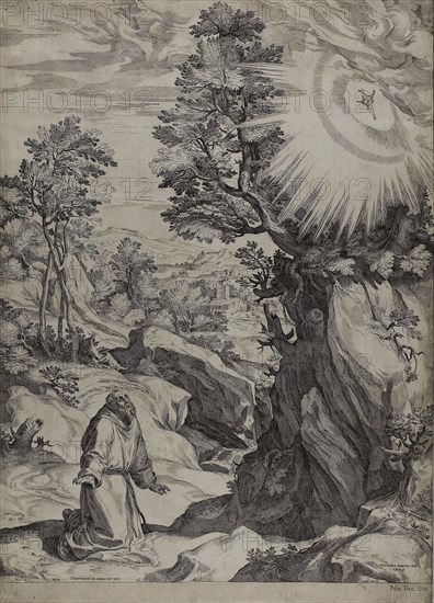 Saint Francis Penitent in a Large Landscape, 1575, Cornelis Cort (Netherlandish, 1533/36-1578), Girolamo Muziano (Italian, 1528-1592), Holland, Engraving on paper, 500 x 372 mm (image), 519 x 373 mm (sheet)