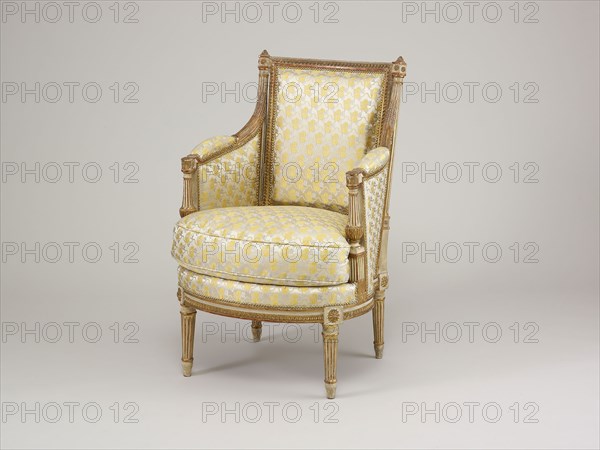 Armchair (one of a pair), 1780/85, France, Paris, Designed by Jean Avisse (French, 1723-1796), Paris, Beechwood, painted and gilded, modern reproduction upholstery, 92.7 x 59.1 x 65.7 cm (36 1/2 x 23 1/4 x 25 7/8 in.)