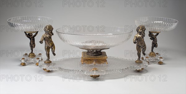 Three Part Centerpiece, c. 1860/70, Baccarat Glassworks, French, founded 1764, Lunéville, Glass with bronze mounts, Plateau: 25 x 26.2 x 58.8 cm (9 7/8 x 10 3/8 x 23 1/4 in.), Bowls: 25.6 x 24.4 cm (10 1/8 in. x 9 5/8 in.)