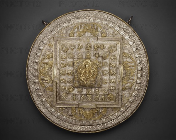 Tiered Offering Mandala of the Goddess of Wealth (Vasudhara), 19th century, Nepal, Nepal, Silver repoussé and gilt copper, 8.9 × 33.0 cm (3 1/2 × 13 in.)