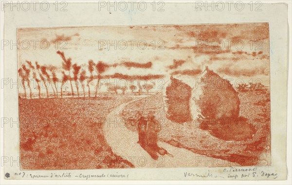 Twilight with Haystacks, 1879, Camille Pissarro (French, 1830-1903), printed by Edgar Degas (French, 1834-1917), France, Aquatint, with etching, in orange-red on ivory wove paper, 103 × 181 mm (image/plate), 127 × 203 mm (sheet)