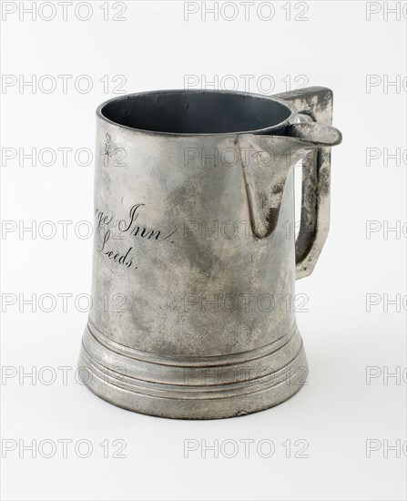 Pint Mug with Spout, c. 1840, England, Pewter, 11.4 × 10.2 × 8.3, 12.1, 12.1 cm (H. 4 1/2 × D. base 4 × D. top 3 1/4, depth with handle 4 3/4, depth with spout 4 3/4 in.)