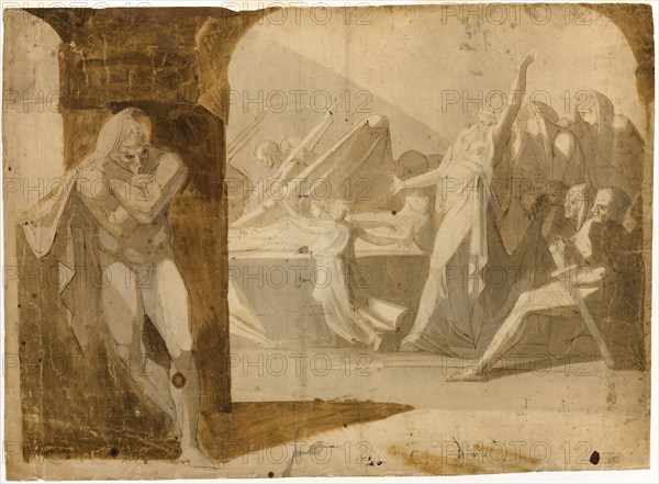 The Duke of Gloucester Lying in Wait for Lady Anne at the Funeral Procession of Her Father-in-law, King Henry VI (recto), Standing Male Nude, Leaning Forward (verso), 1760/67, Henry Fuseli, Swiss, active in England, 1741-1825, England, Pen and brown ink, and brush and brown and gray wash, over graphite (recto), and graphite (verso), on tan laid paper, 638 × 879 mm