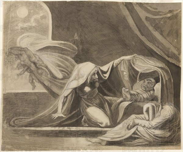 The Changeling, c. 1780, Attributed to Henry Fuseli, Swiss, active in England, 1741-1825, England, Charcoal and brush and gray wash, heightened with touches of white gouache, over traces of graphite, on ivory laid paper, laid down on white tissue paper, 531 × 636 mm