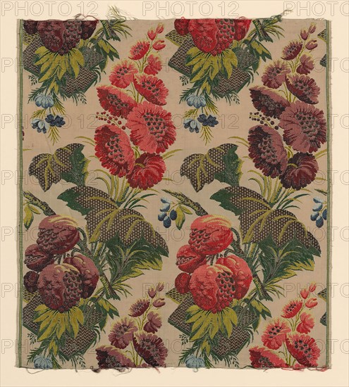 Panel (Furnishing Fabric), c. 1734/35, Style of Jean Revel (French, 1684-1751), France, Silk and silvered-metal-strip-wrapped silk, plain weave with supplementary brocading wefts, 62.2 × 55.9 cm (24 1/2 × 22 in.)
