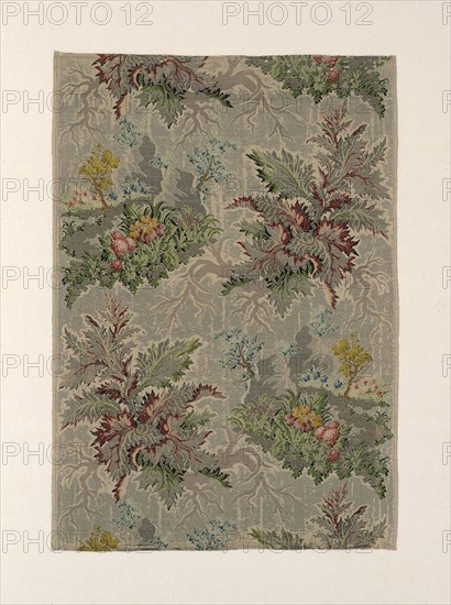 Panel, c. 1734, France, Silk, silvered-metal strips, and gilt- and silvered-metal-strip-wrapped silk, plain weave with twill interlacing of secondary binding warps and some supplementary brocading wefts, 79.4 × 55.3 cm (31 1/4 × 21 3/4 in.)