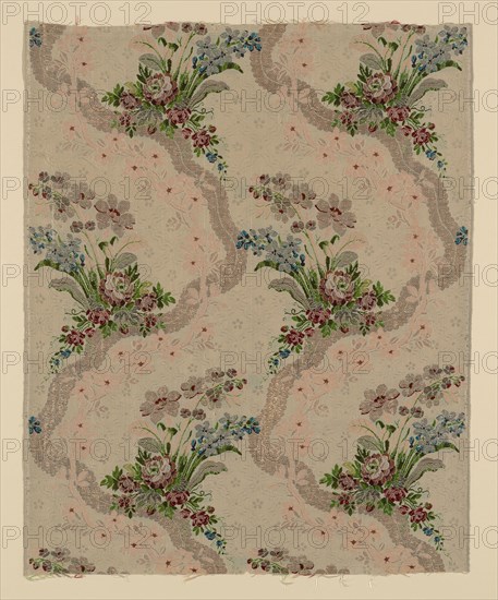 Panel, c. 1762, France, Silk, gilt-and-silvered-metal strips and gilt-metal-strip-wrapped silk, plain weave with supplementary patterning and brocading wefts, 67 × 54.7 cm (26 3/8 × 21 1/2 in.)