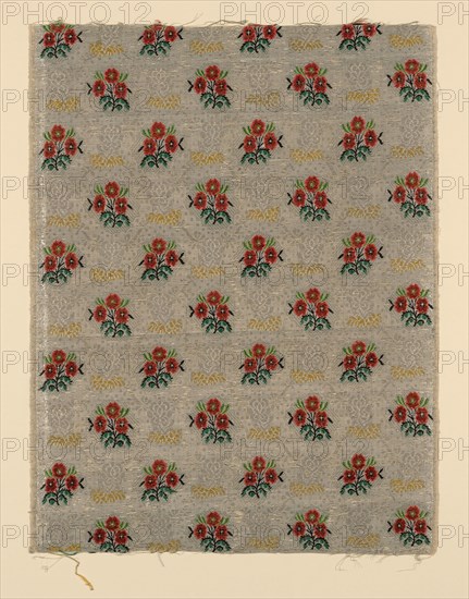 Panel, 1760/65, France, Silk, linen, silk chenille, and gilt-and-silvered-metal-strip-wrapped silk, plain weave derived float weave with supplementary brocading wefts and silvered-metal-strip supplementary facing wefts bound by secondary binding warps, 61.5 × 47.2 cm (24 1/4 × 18 5/8 in.)