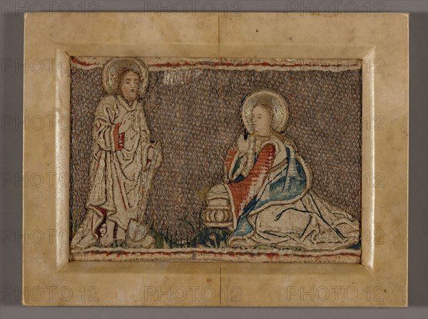 Picture (Probably from an Orphrey Band Depicting Christ before Mary Magdalene), 1400/25, Germany, possibly Cologne, Germany, Linen, plain weave, appliquéd with silk, satin weave and linen plain weave, embroidered with silk floss, linen and gold and silver gilt strips wound around silk fiber cores in cross, outline, satin, split and stem stitches, couching, 17.2 x 24.8 cm (6 3/4 x 9 3/4 in.)