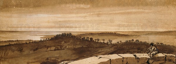 Panorama from the Sasso, 1649/1655, Claude Lorrain, French, 1600-1682, France, Pen and brown ink with brush and brown wash, heightened with white gouache and traces of white chalk, over black chalk and graphite, on cream laid paper, 162 × 402 mm