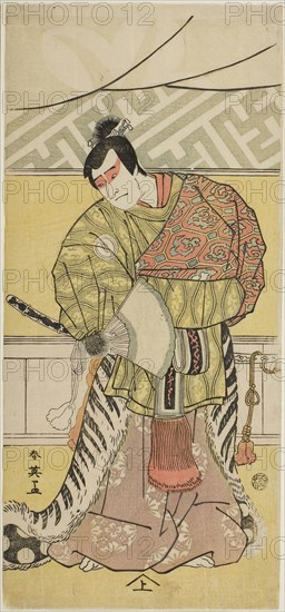 The Actor Sakata Hangoro III as Takechi Mitsuhide in The Banquet, the Final Act in Part One of the Play Kanagaki Muromachi Bundan (Muromachi Chronicle in Kana Script), Performed at the Ichimura Theater from the First Day of the Eighth Month, 1791, c. 1791, Katsukawa Shun’ei, Japanese, 1762-1819, Japan, Color woodblock print, center sheet of hosoban triptych (right: 1939.2216, left: 1980.276b), 32 x 14.6 cm (12 5/8 x 5 3/4 in.)