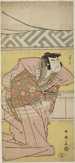The Actor Sawamuro Sojuro III as Oda Kazusanosuke Harunaga in The Banquet, the Final Act in Part One of the Play Kanagaki Muromachi Bundan (Muromachi Chronicle in Kana Script), Performed at the Ichimura Theater from the First Day of the Eighth Month, 1791, c. 1791, Katsukawa Shun’ei, Japanese, 1762-1819, Japan, Color woodblock print, left sheet of hosoban triptych (right: 1939.2216, center: 1980.276a), 32.5 x 15 cm (12 13/16 x 5 7/8 in.)