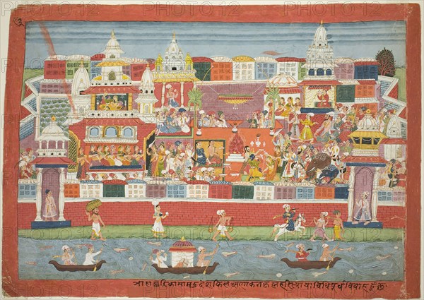 Krishna’s Marriage to Kalinda, page from a manuscript of the Bhagavata Purana, c. 1775, Nepal, Nepal, Opaque watercolor on paper, 36.8 x 51.9 cm (14 1/2 x 20 1/2 in.)