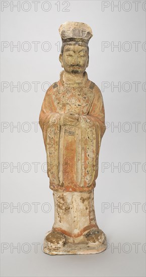 Standing Court Official, Style of Tang Dynasty (618–907), with later painted detail, China, Earthenware with painted decoration, 66.3 × 19.0 × 18.5 cm (26 1/8 × 7 1/2 × 7 1/4 in.)