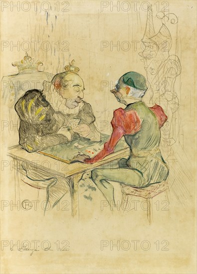 Le bézigue, 1895, Henri de Toulouse-Lautrec, French, 1864-1901, France, Lithograph with hand-coloring, on tan wove paper, 330 × 268 mm (image), 390 × 283 mm (sheet)